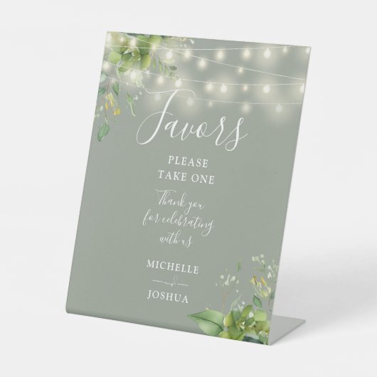 String Lights Greenery Botanical Sage Green Favors Reclamebord Met Voetstuk (Voorkant)