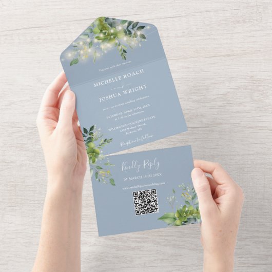 String Lights Greenery QR Code Dusty Blue Wedding All In One Uitnodiging (Afscheurbaar)