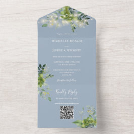 String Lights Greenery QR Code Dusty Blue Wedding All In One Uitnodiging