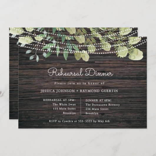 String Lights Greenery Rehearsal Dinner Invitation Kaart (Voorkant / Achterkant)