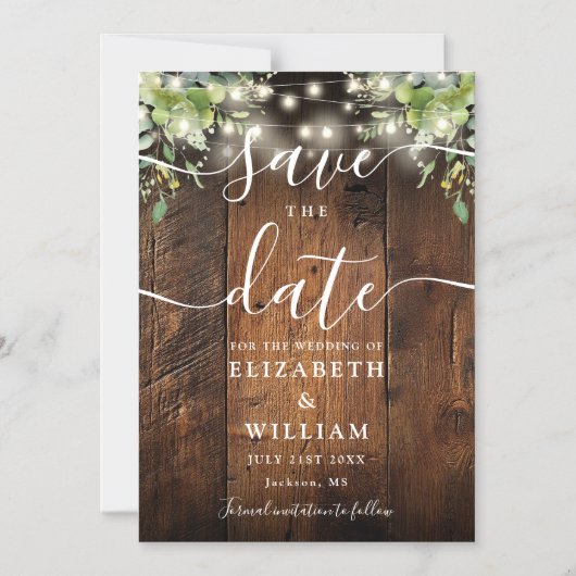 String Lights Greenery Wood Wedding Save The Date Magnetische Uitnodiging (Voorkant)