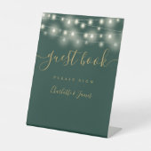 String Lights Groen en Goud Script Gastenboek Reclamebord Met Voetstuk (Voorkant)