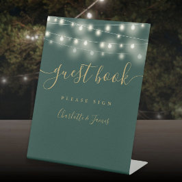 String Lights Groen en Goud Script Gastenboek Reclamebord Met Voetstuk