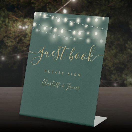 String Lights Groen en Goud Script Gastenboek Reclamebord Met Voetstuk