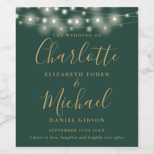 String Lights Groen Goud Handtekening Script Bruil Wijn Etiket (Enkel label)