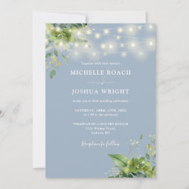 String Lights Groen Stoffig Blauw QR Code Bruiloft Kaart