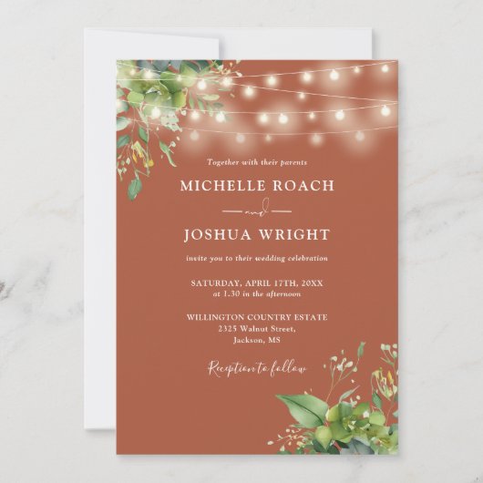 String Lights groen terracotta monogram bruiloft Kaart (Voorkant)
