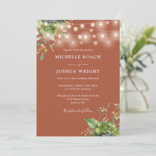 String Lights groen terracotta monogram bruiloft Kaart (Staand voorkant)