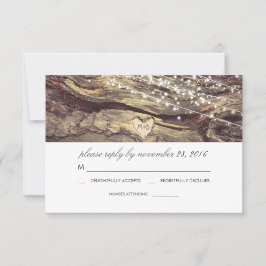 String Lights Hart Rustiek Hout Wedding RSVP Kaartje (Voorkant)