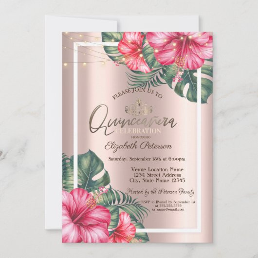String Lights Hibuscus Roos Gold Quinceañera Kaart (Voorkant)