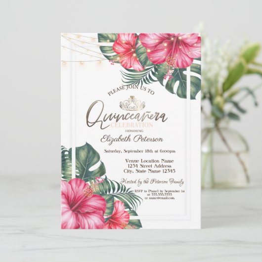 String Lights Hibuscus Summer Quinceañera Kaart (Staand voorkant)