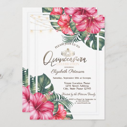 String Lights Hibuscus Summer Quinceañera Kaart (Voorkant / Achterkant)