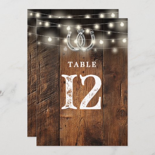 String Lights Horseshoes Barn Wood Table Number Kaart (Voorkant / Achterkant)