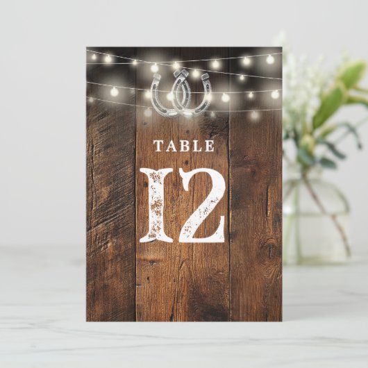 String Lights Horseshoes Barn Wood Table Number Kaart (Staand voorkant)