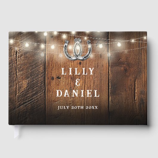 String Lights Horseshoes Rustic Barn Wood Wedding Gastenboek (Voorkant)