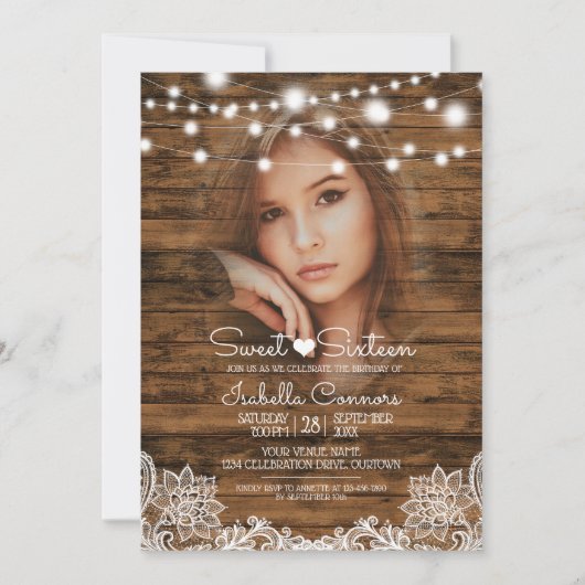 String Lights Hout en Kant Zoete 16 Feest Kaart (Voorkant)