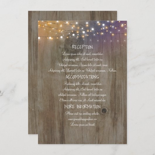 String Lights Hout Rustieke Bruiloft Informatie Informatiekaartje (Voorkant / Achterkant)