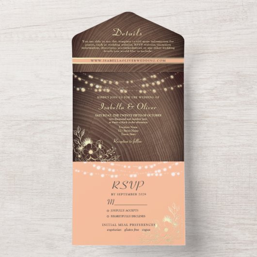 String Lights hout rustieke perzik bruiloft All In One Uitnodiging (Binnen)