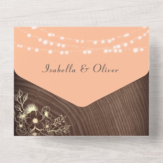 String Lights hout rustieke perzik bruiloft All In One Uitnodiging (Achterkant)