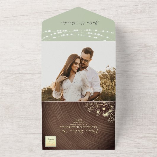 String Lights Hout Rustieke Sage Groen All In One Uitnodiging (Buitenkant)