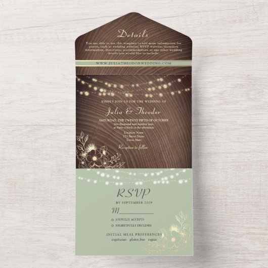 String Lights Hout Rustieke Sage Groen All In One Uitnodiging (Binnen)