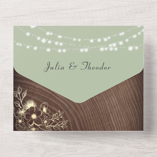 String Lights Hout Rustieke Sage Groen All In One Uitnodiging (Achterkant)