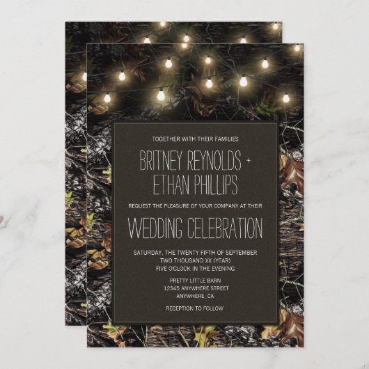 String Lights + Jacht Camo bruiloft uitnodigingen (Voorkant / Achterkant)