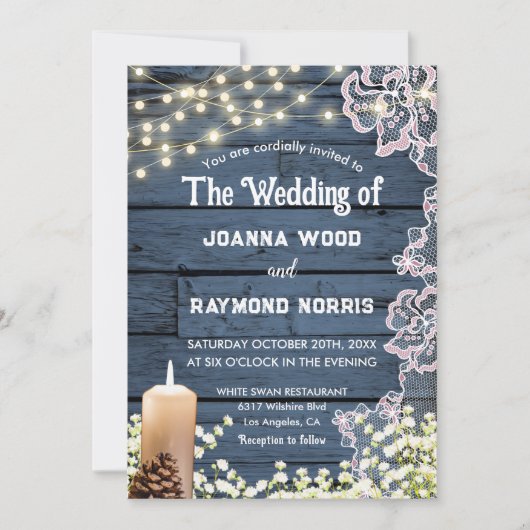 String Lights Kaarsen & Kant Rustieke Blauwe Bruil Kaart (Voorkant)