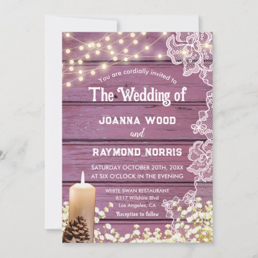 String Lights Kaarsen & Kant Rustieke Paarse bruil Kaart (Voorkant)