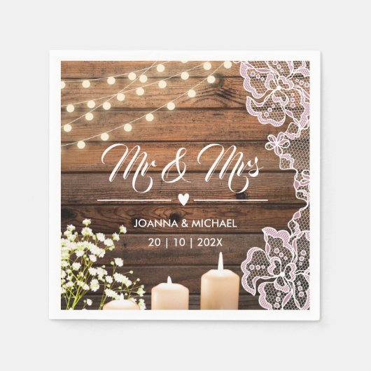 String Lights Kant Mr. en Mrs Rustic Wood Wedding Servet (Voorkant)