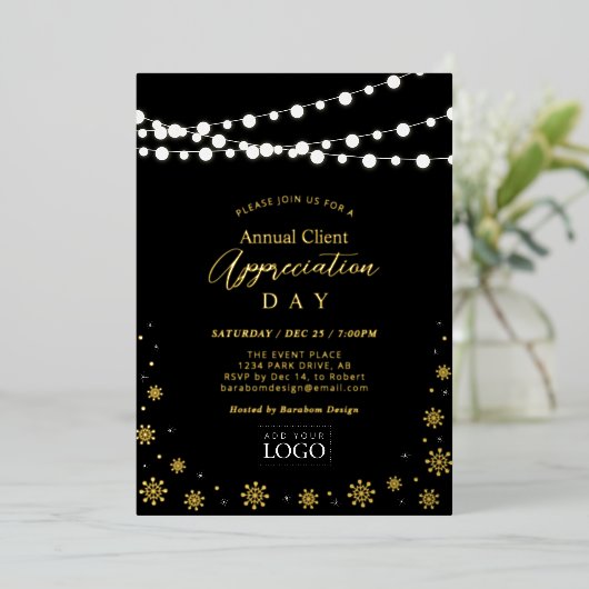 String Lights | Klantwaardering Partij Logo Folie Uitnodiging (Staand Voorkant)
