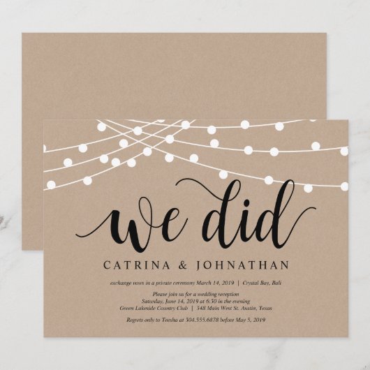 String Lights Kraft, Black font, Wedding Elopement Kaart (Voorkant / Achterkant)