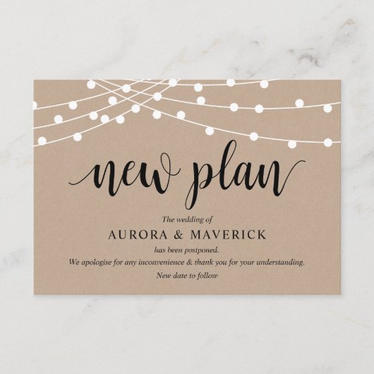 String Lights Kraft, zwart, bruiloft uitstellen Informatiekaartje (Voorkant)
