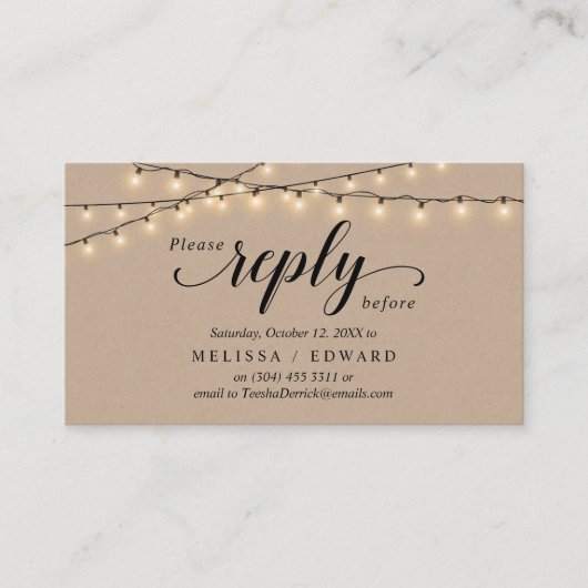 String Lights Kraft, zwart script, RSVP-reactie Informatiekaartje (Voorkant)
