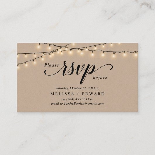 String Lights Kraft, zwart script, RSVP-reactie Informatiekaartje (Voorkant)