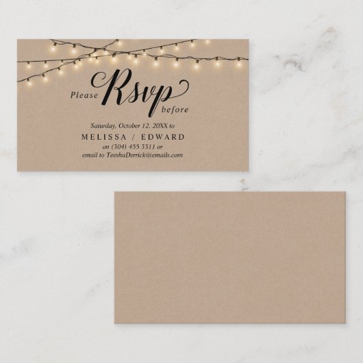String Lights Kraft, Zwart Script, RSVP Reageren Informatiekaartje (Voorkant / Achterkant)