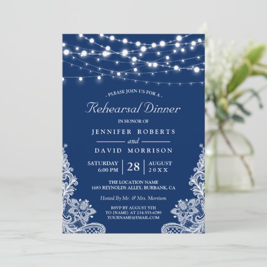 String Lights Lace marine Wedding Rehearsal Dinner Kaart (Staand voorkant)