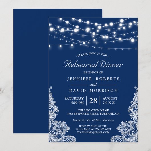 String Lights Lace marine Wedding Rehearsal Dinner Kaart (Voorkant / Achterkant)