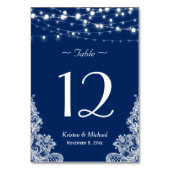 String Lights Lace Navy Blue Wedding Table Number Kaart (Achterkant)