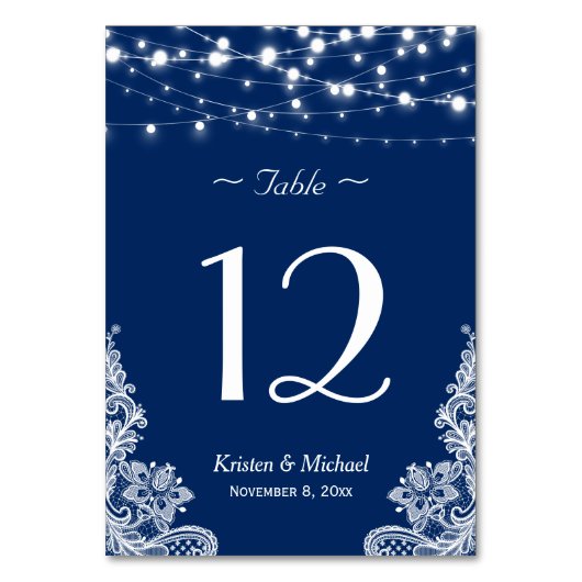 String Lights Lace Navy Blue Wedding Table Number Kaart (Achterkant)