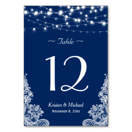 String Lights Lace Navy Blue Wedding Table Number Kaart