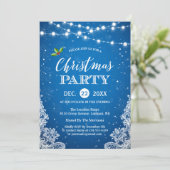 String Lights Lace Snowflakes Blue Kerstparty Kaart (Staand voorkant)