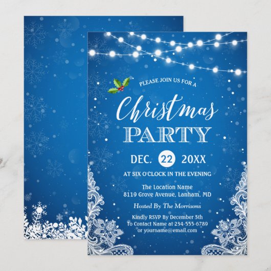 String Lights Lace Snowflakes Blue Kerstparty Kaart (Voorkant / Achterkant)