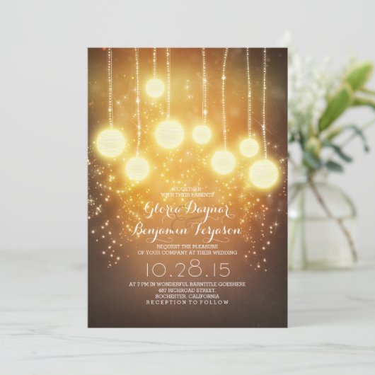 String Lights & Lantaarns Shimmer bruiloft uitnodi Kaart (Staand voorkant)