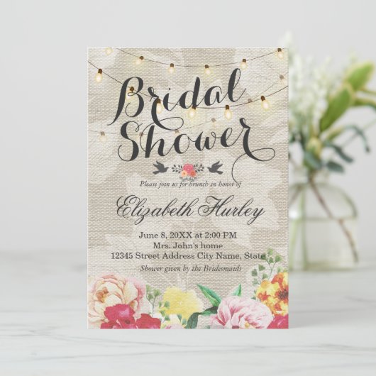 String Lights & Linen Floral Vrijgezellenfeest Wed Kaart (Staand voorkant)