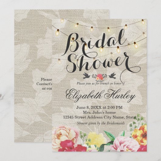 String Lights & Linen Floral Vrijgezellenfeest Wed Kaart (Voorkant / Achterkant)