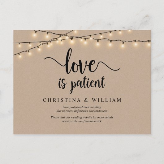 String Lights, Love is Patiënt, Wedding Postponed Briefkaart (Voorkant)