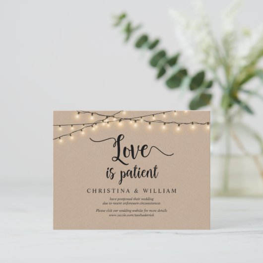 String Lights, Love is Patiënt, Wedding Postponed Briefkaart (Staand voorkant)