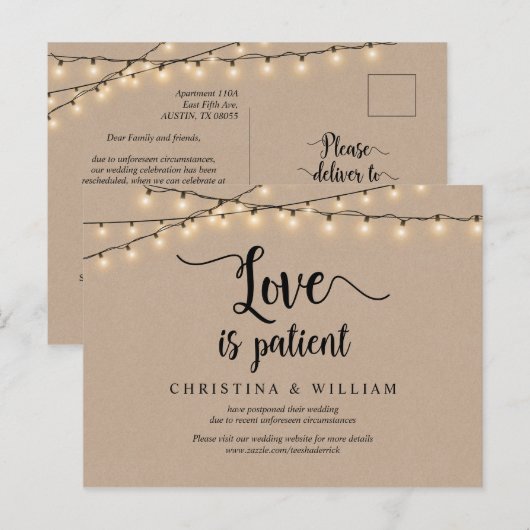 String Lights, Love is Patiënt, Wedding Postponed Briefkaart (Voorkant / Achterkant)