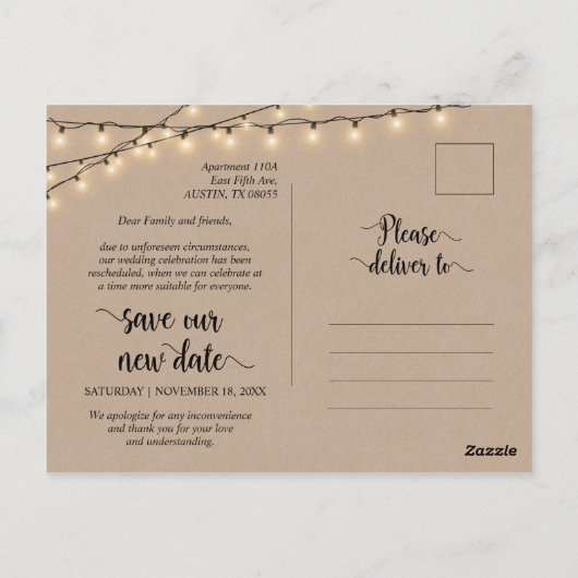 String Lights, Love is Patiënt, Wedding Postponed Briefkaart (Achterkant)